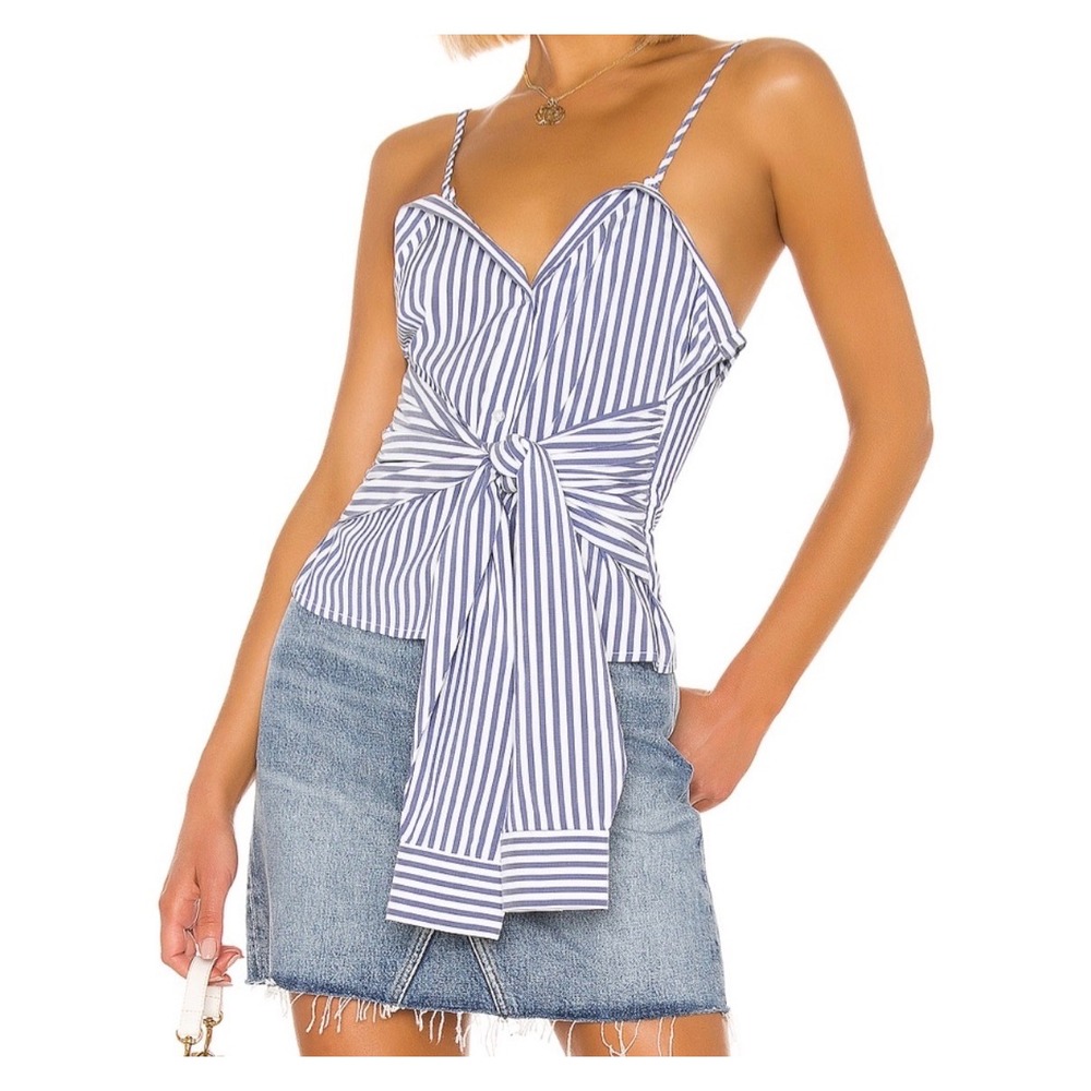 L'Academie Evy Top Blue White Striped Front Tie Faux Button Down Cami M
